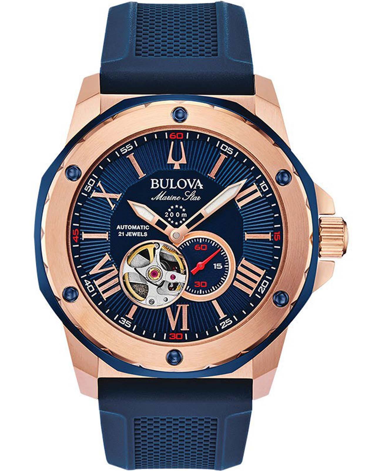 Bulova Bulova Marine Star 98A227  98A227 механические мужские часы синий циферблат, браслет силикон — вид спереди