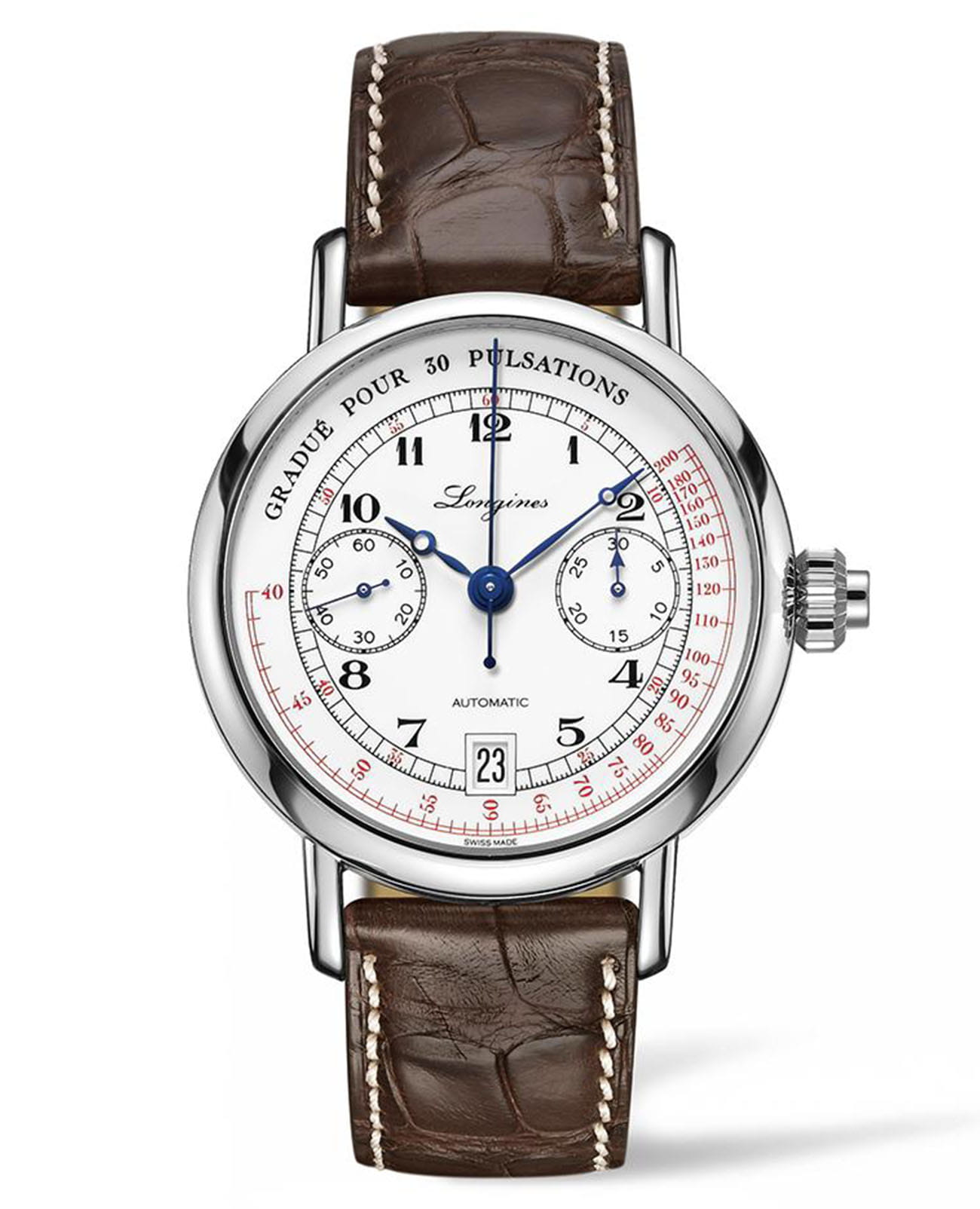 Longines Longines Master Collection L2.801.4.23.4  L28014234 механические мужские часы серебристый циферблат, браслет кожаный — вид спереди