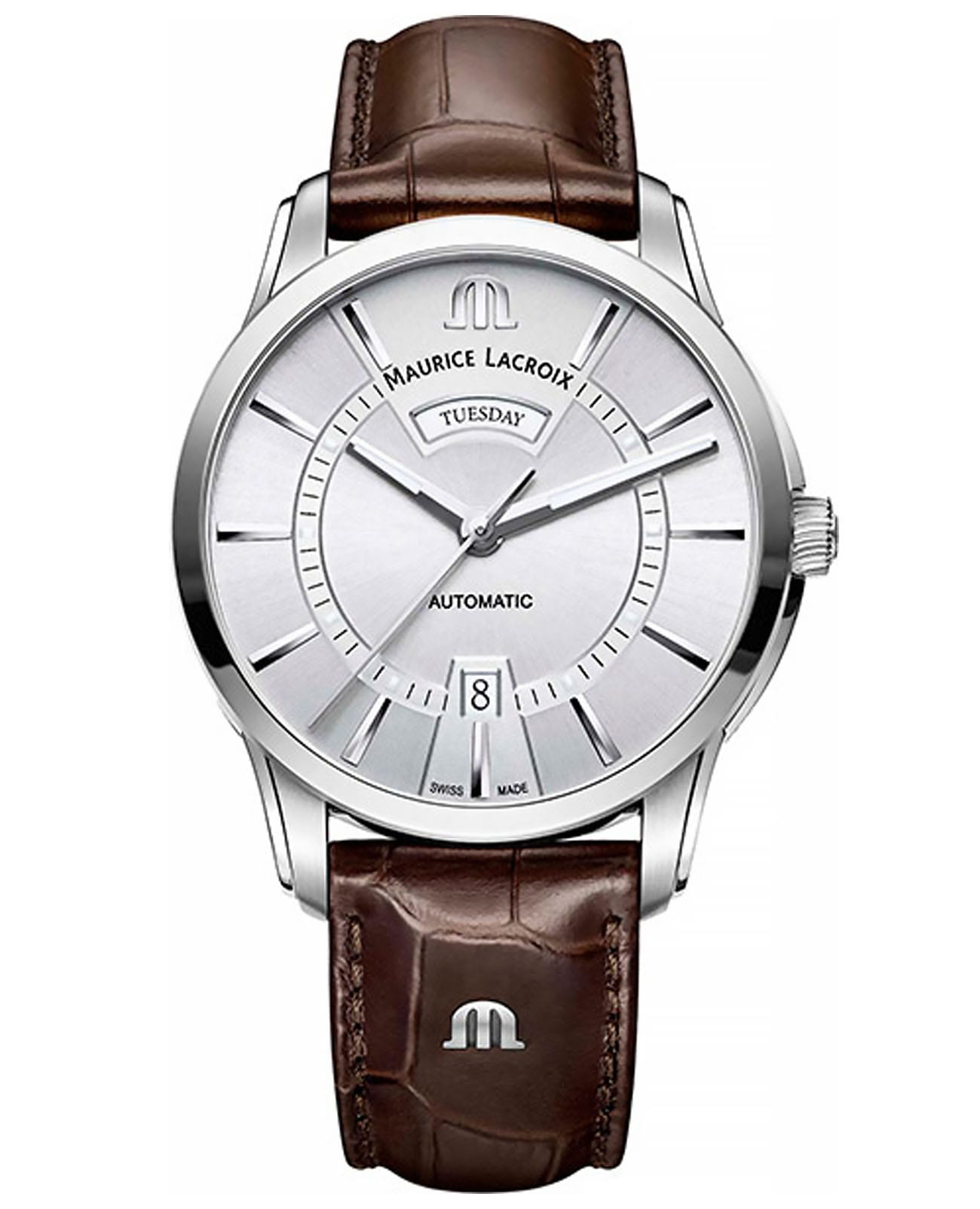 Maurice Lacroix Maurice Lacroix Pontos Day Date PT6358-SS001-130-1  PT6358-SS001-130-1 механические мужские часы серебристый циферблат, браслет кожаный — вид спереди