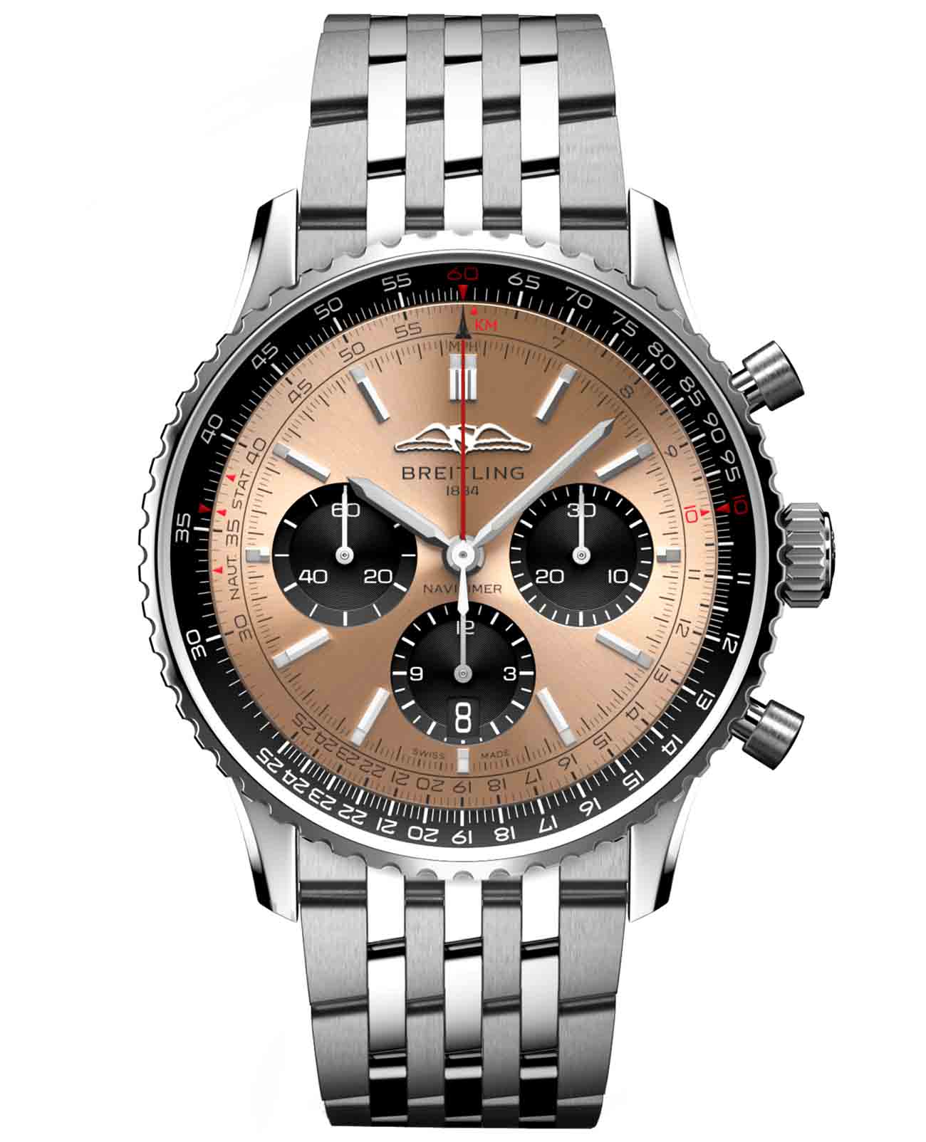 Breitling Breitling Navitimer B01 Chronograph 43 AB0138241K1A1  AB0138241K1A1 механические мужские часы золотой циферблат, браслет нержавеющая сталь — вид спереди