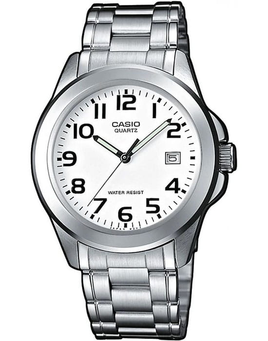 Casio Casio MTP-1259PD-7B  MTP-1259PD-7B кварцевые мужские часы белый циферблат, браслет нержавеющая сталь — вид спереди