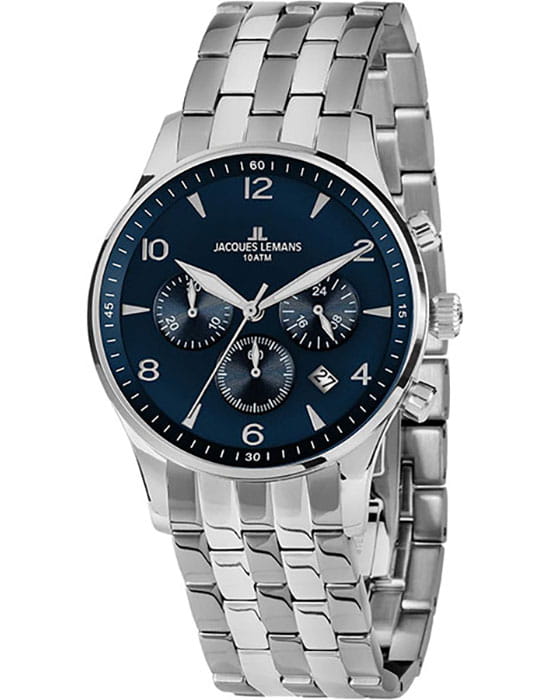 Jacques Lemans Jacques Lemans 1-1654ZG  1-1654ZG кварцевые мужские часы синий циферблат, браслет нержавеющая сталь — вид спереди
