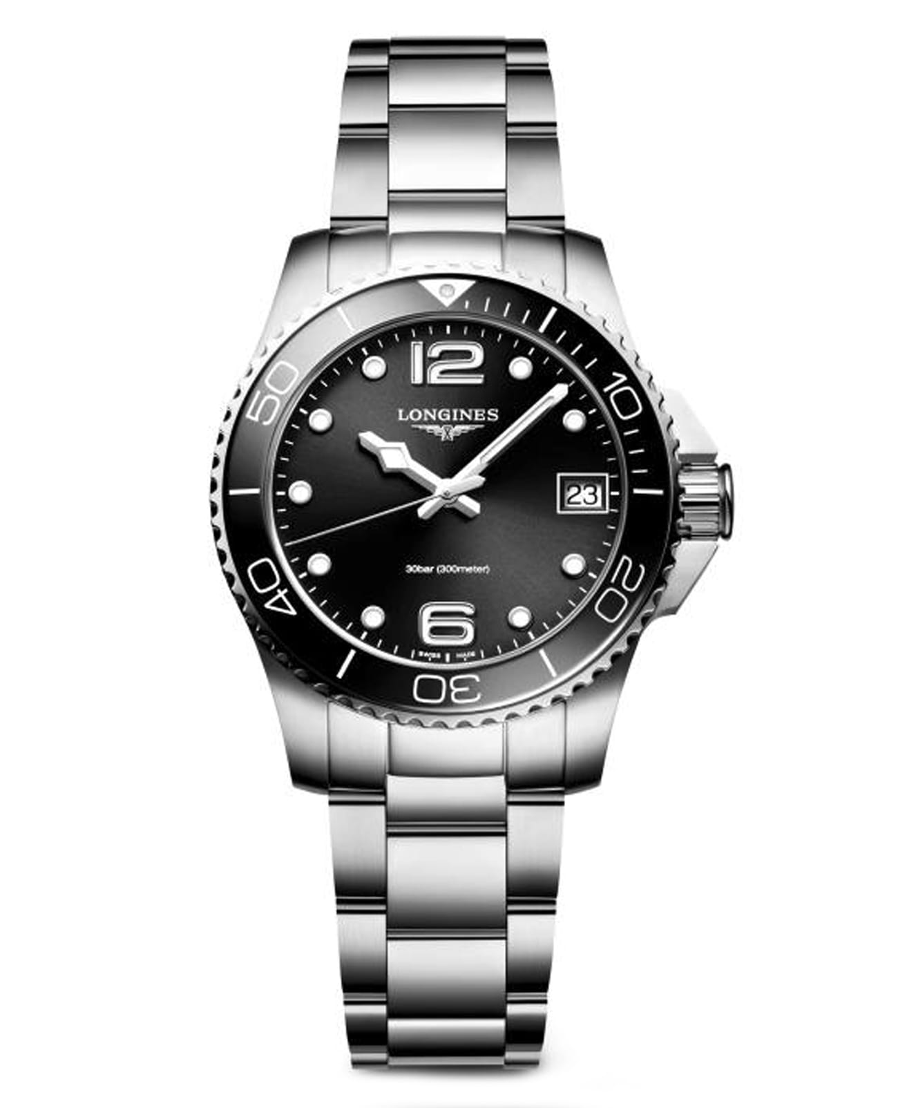 Longines Longines HydroConquest L3.370.4.56.6  L33704566 кварцевые женские часы черный циферблат, браслет нержавеющая сталь — вид спереди