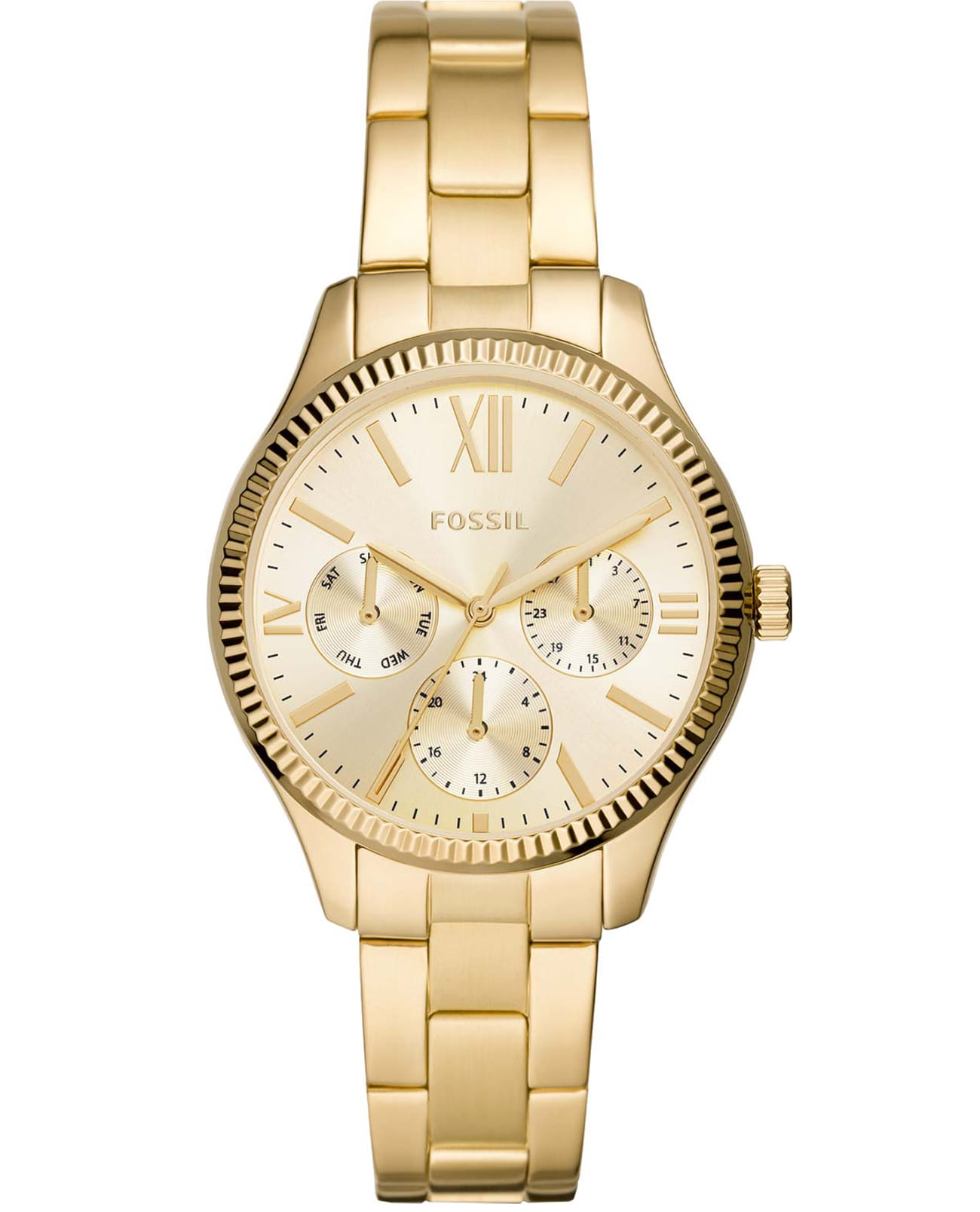 Fossil Fossil FB-01  BQ3692  BQ3692 кварцевые женские часы золотой циферблат, браслет нержавеющая сталь — вид спереди