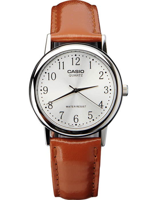Casio Casio MTP-1095E-7B  MTP-1095E-7B кварцевые мужские часы серебристый циферблат, браслет кожаный — вид спереди