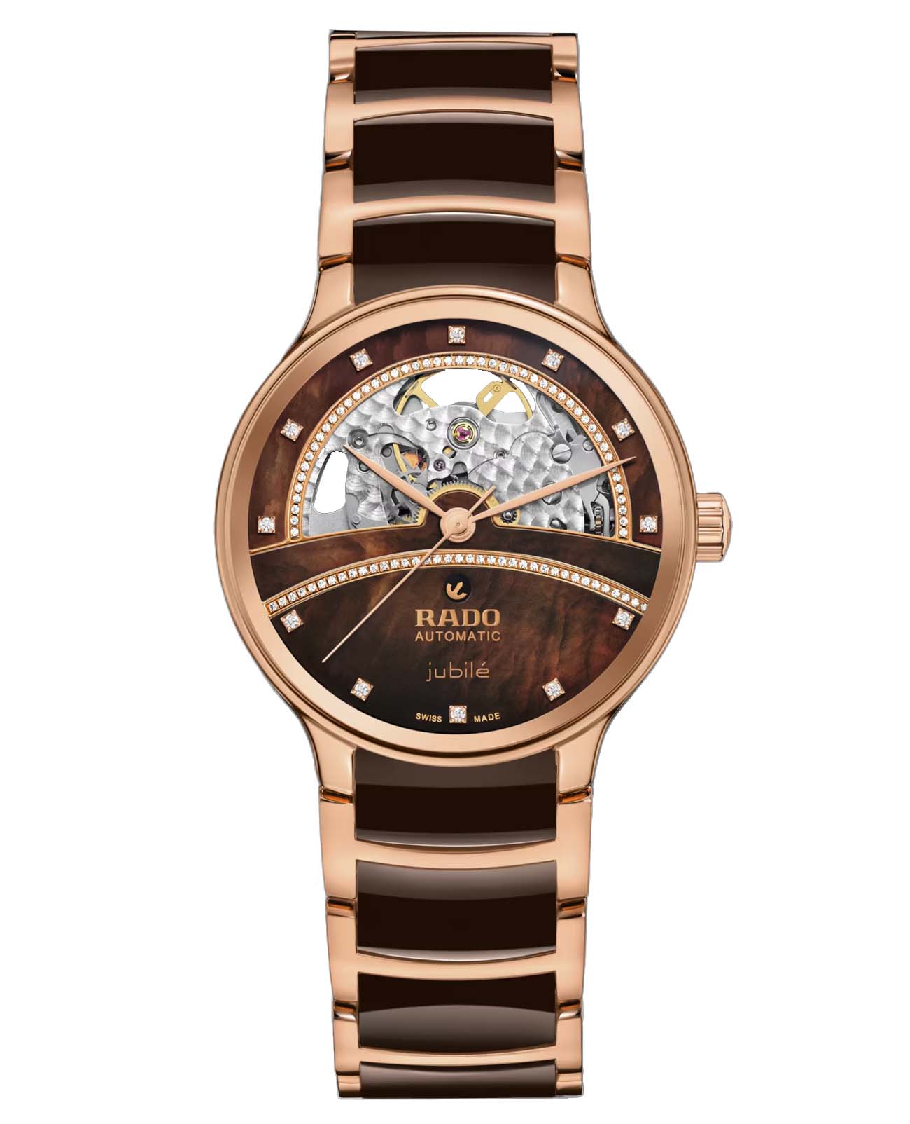 Rado Rado Centrix Automatic Diamonds Open Heart R30029942 Automatic R30029942 механические женские часы  циферблат, браслет высокотехнологичная керамика + нержавеющая сталь с pvd покрытием — вид спереди