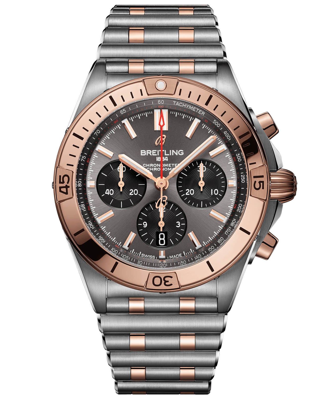 Breitling Breitling Chronomat B01 42 UB0134101B1U1  UB0134101B1U1 механические мужские часы черный циферблат, браслет нержавеющая сталь + золото 18к — вид спереди