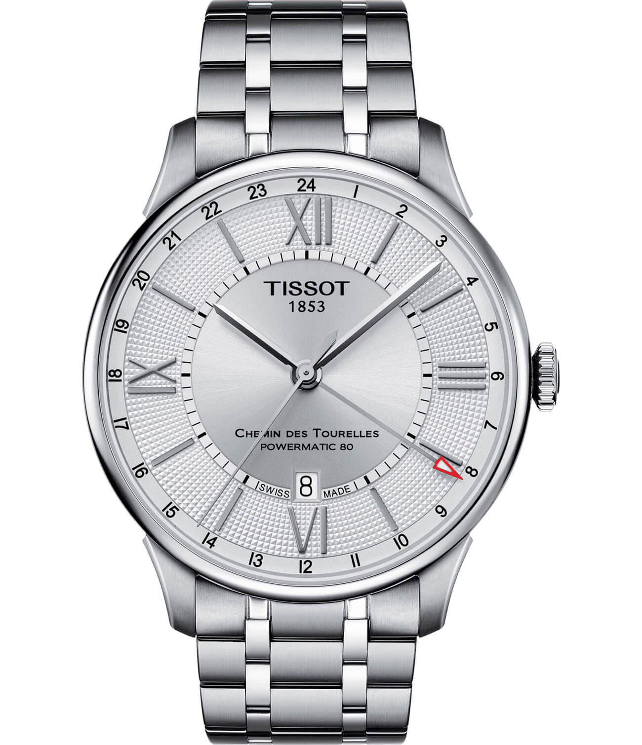 Tissot Tissot Chemin des Tourelles GMT T099.429.11.038.00 Chemin des Tourelles T0994291103800 механические мужские часы серебристый циферблат, браслет нержавеющая сталь — вид спереди