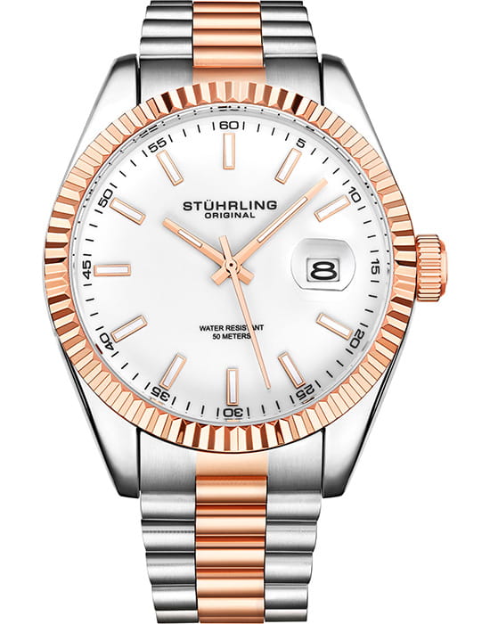 Stuhrling Stuhrling Symphony 3935.5  3935.5 кварцевые мужские часы белый циферблат, браслет нержавеющая сталь с pvd-покрытием — вид спереди