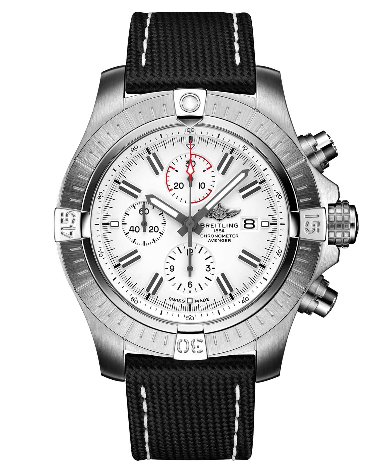 Breitling Breitling Super Avenger Chronograph 48 A133751A1A1X2  A133751A1A1X2 механические мужские часы белый циферблат, браслет кожаный — вид спереди