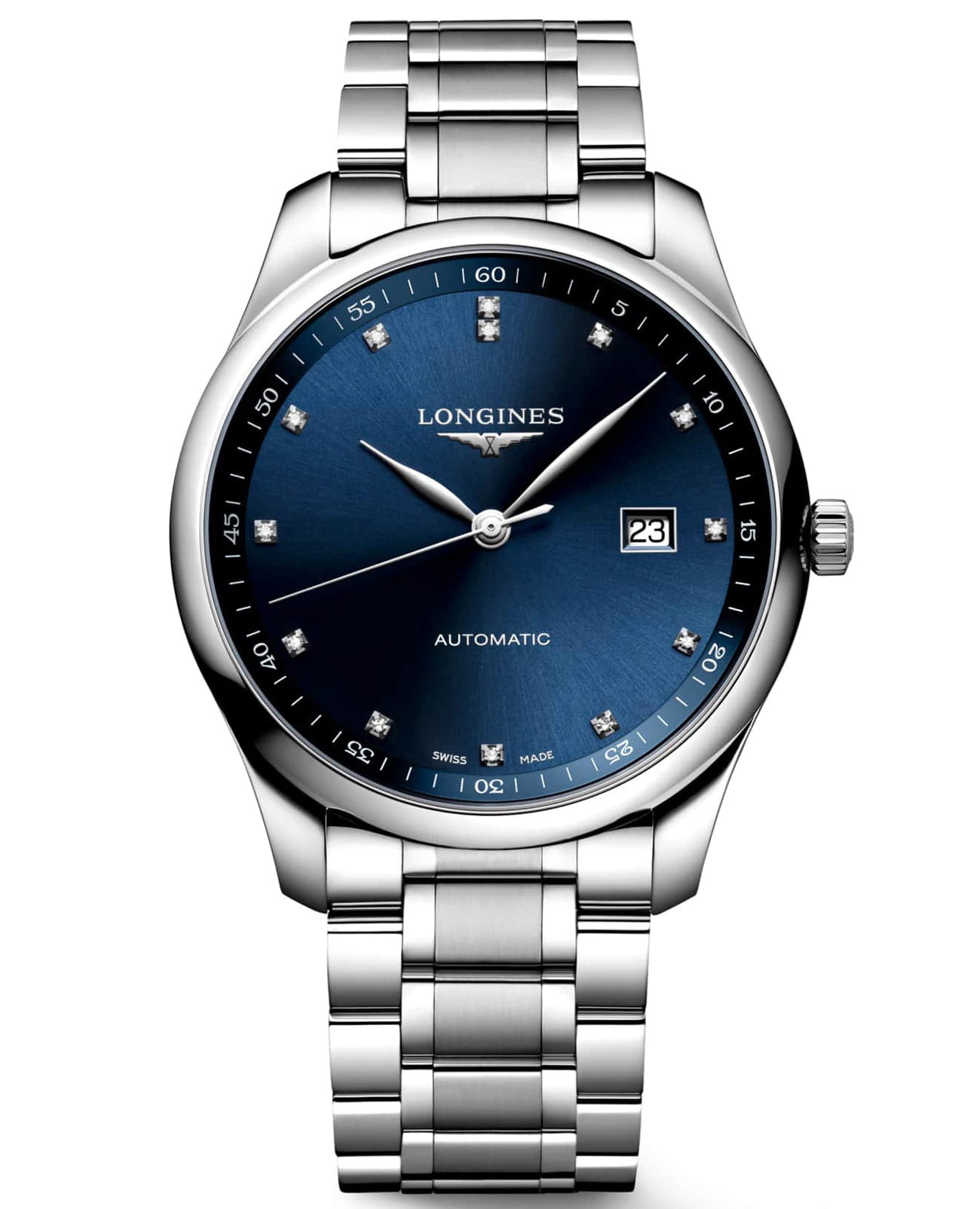 Longines Longines Master Collection L2.893.4.97.6  L28934976 механические мужские часы синий циферблат, браслет нержавеющая сталь — вид спереди