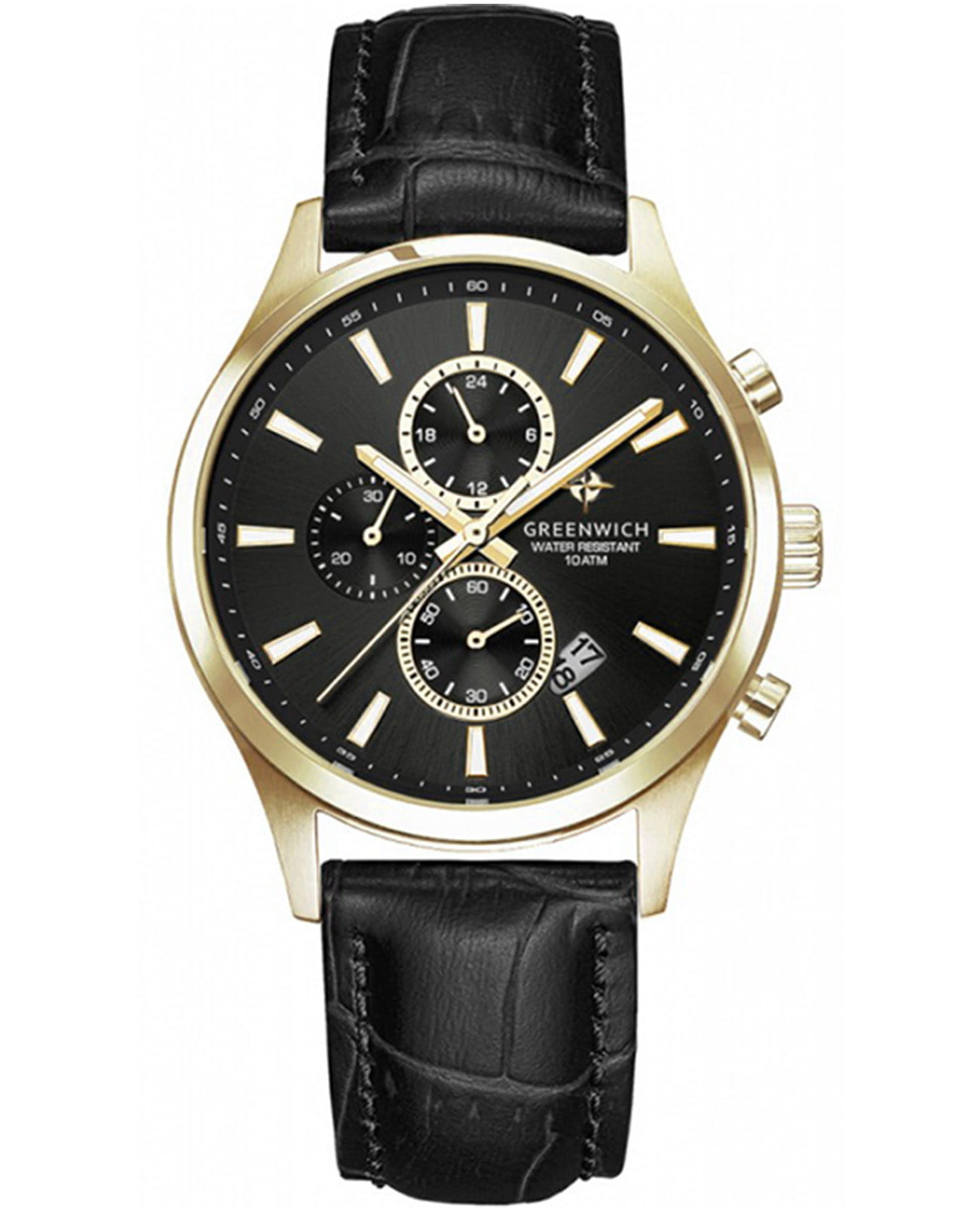 Greenwich Greenwich Navigator GW 053.21.31  GW 053.21.31 кварцевые мужские часы черный циферблат, браслет кожаный — вид спереди