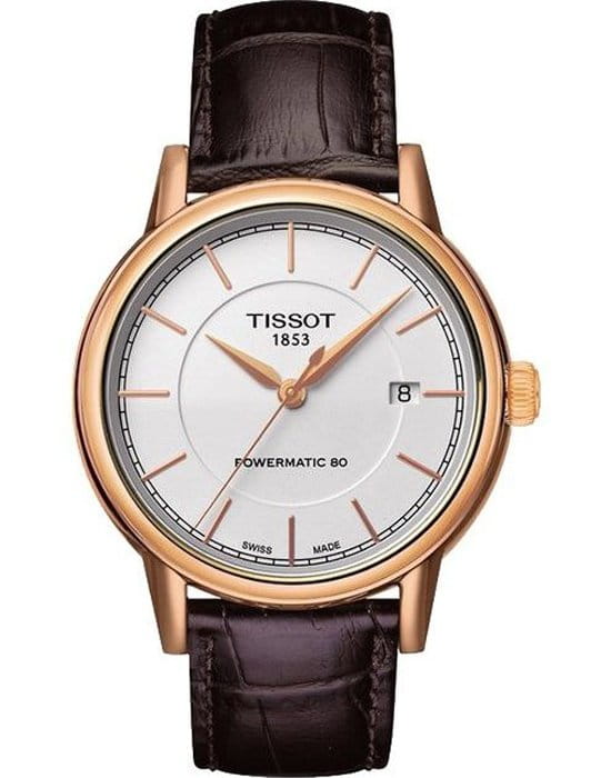 Tissot Tissot Carson Powermatic 80 T085.407.36.011.00 Carson T0854073601100 механические мужские часы белый циферблат, браслет кожаный — вид спереди