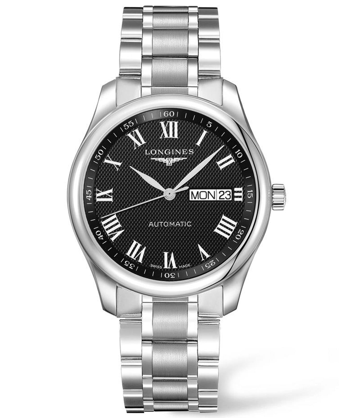 Longines Longines Master Collection L2.755.4.51.6  L27554516 механические мужские часы черный циферблат, браслет нержавеющая сталь — вид спереди
