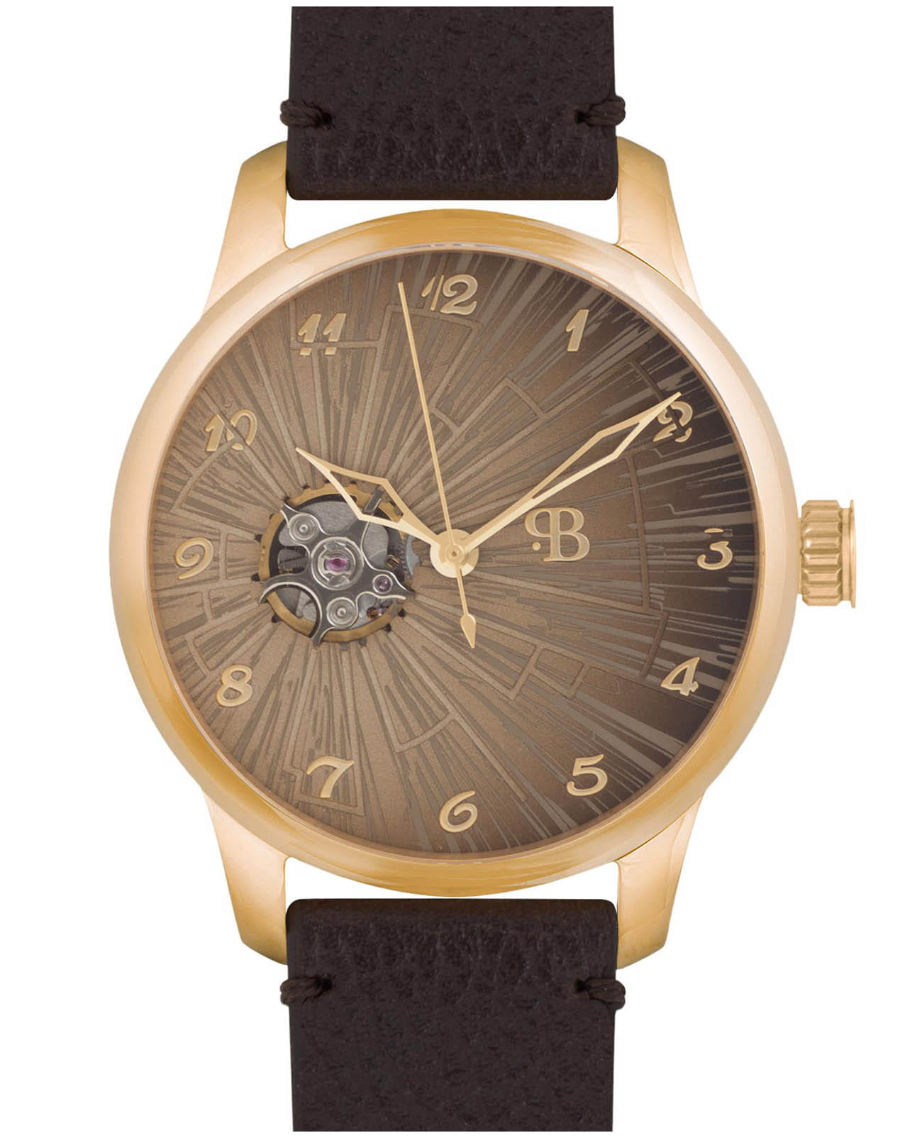 Русское Время Русское Время 3916199  3916199 механические мужские часы золотой циферблат, браслет кожаный — вид спереди