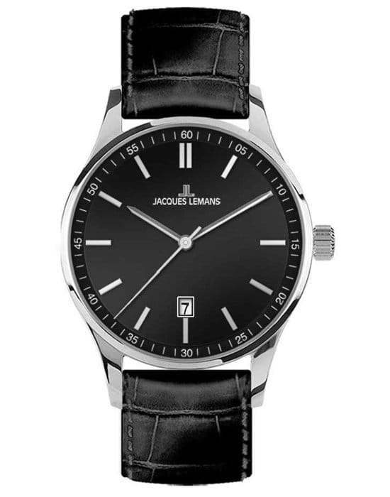 Jacques Lemans Jacques Lemans 1-2026A  1-2026A кварцевые мужские часы черный циферблат, браслет кожаный — вид спереди