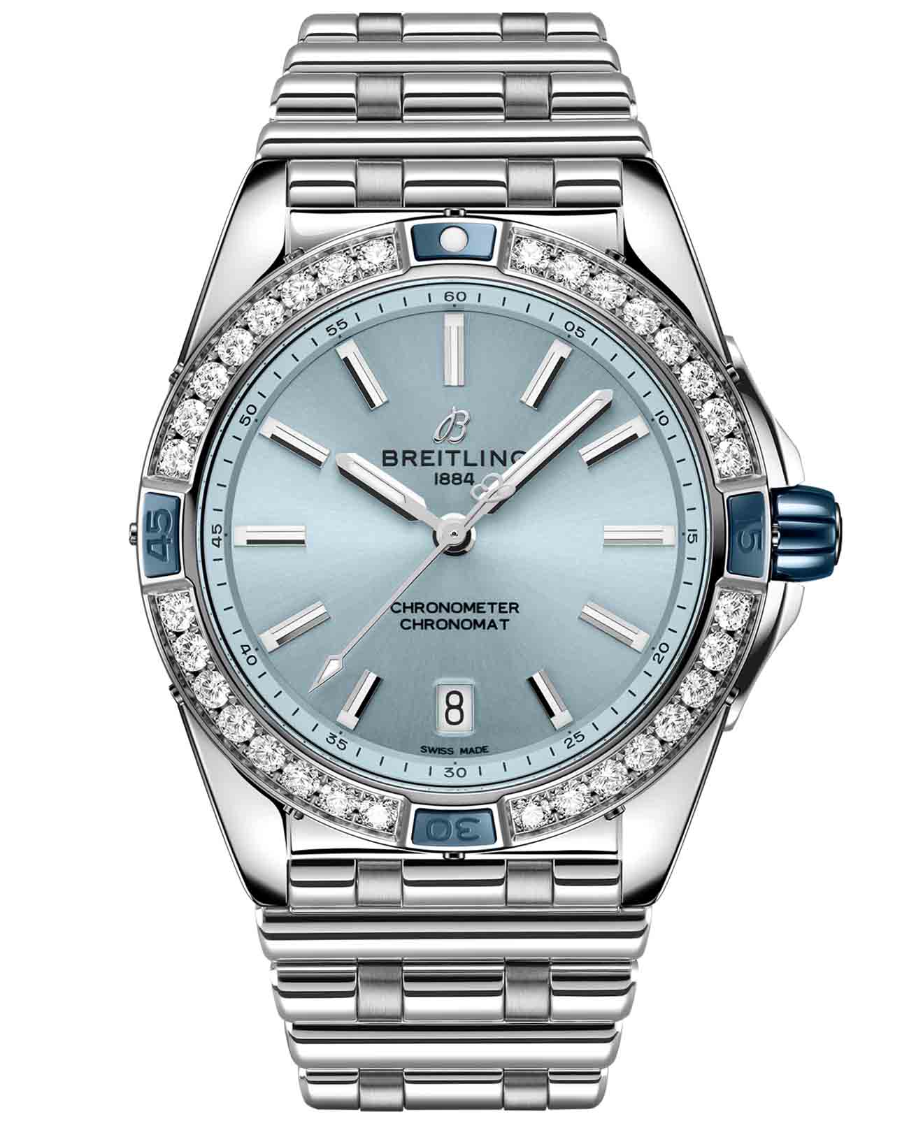 Breitling Breitling Super Chronomat Automatic 38 A17356531C1A1  A17356531C1A1 механические женские часы голубой циферблат, браслет нержавеющая сталь — вид спереди