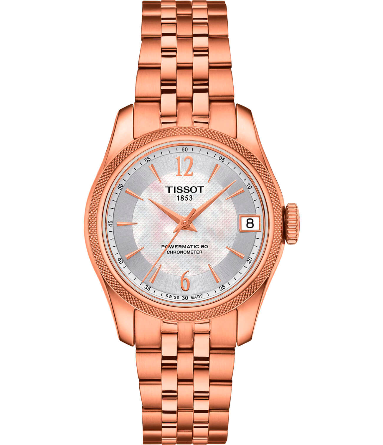 Tissot Tissot Ballade Powermatic 80 COSC Lady T108.208.33.117.00 Ballade T1082083311700 механические женские часы перламутровый циферблат, браслет сталь c pvd покрытием — вид спереди