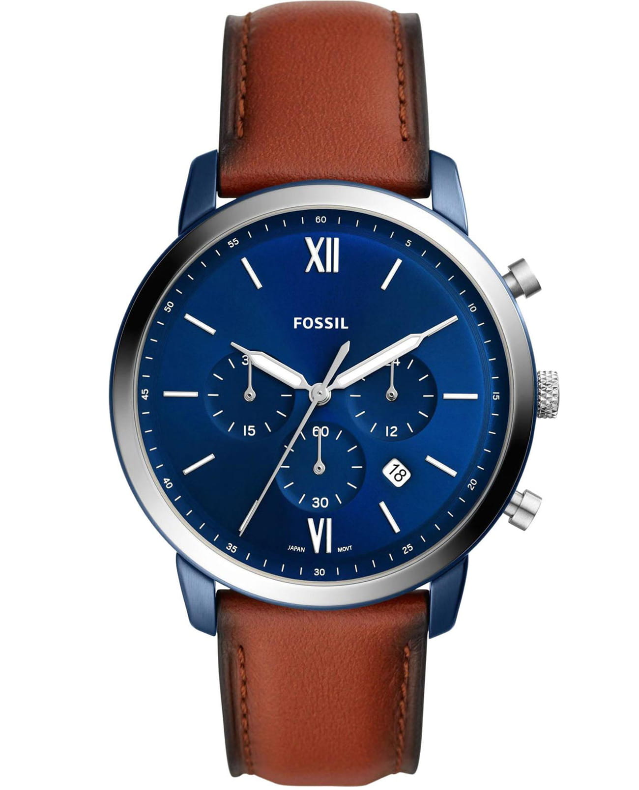 Fossil Fossil FB-02  FS5791  FS5791 кварцевые мужские часы синий циферблат, браслет кожаный — вид спереди