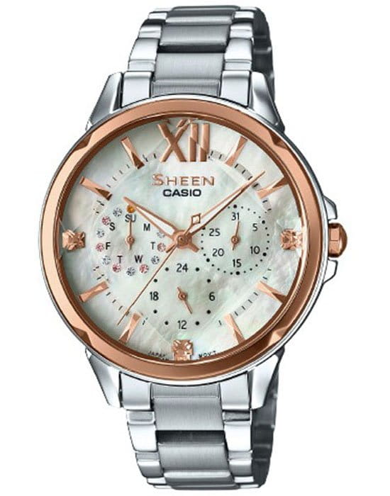 Casio Casio Sheen SHE-3056SG-7A  SHE-3056SG-7A кварцевые женские часы белый циферблат, браслет 18-каратное желтое золото — вид спереди