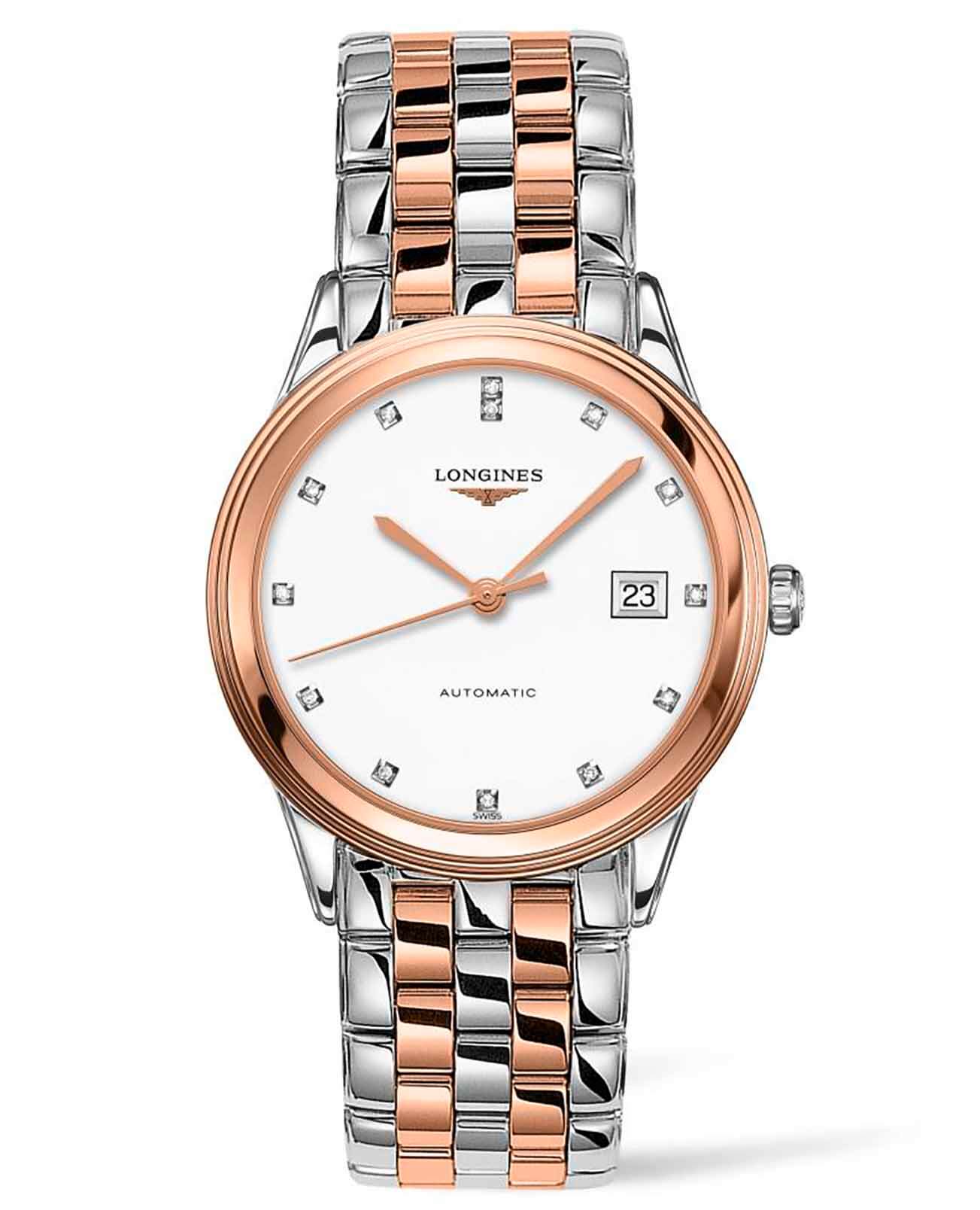 Longines Longines Flagship L4.974.3.99.7  L49743997 механические мужские часы белый циферблат, браслет сталь c pvd покрытием — вид спереди