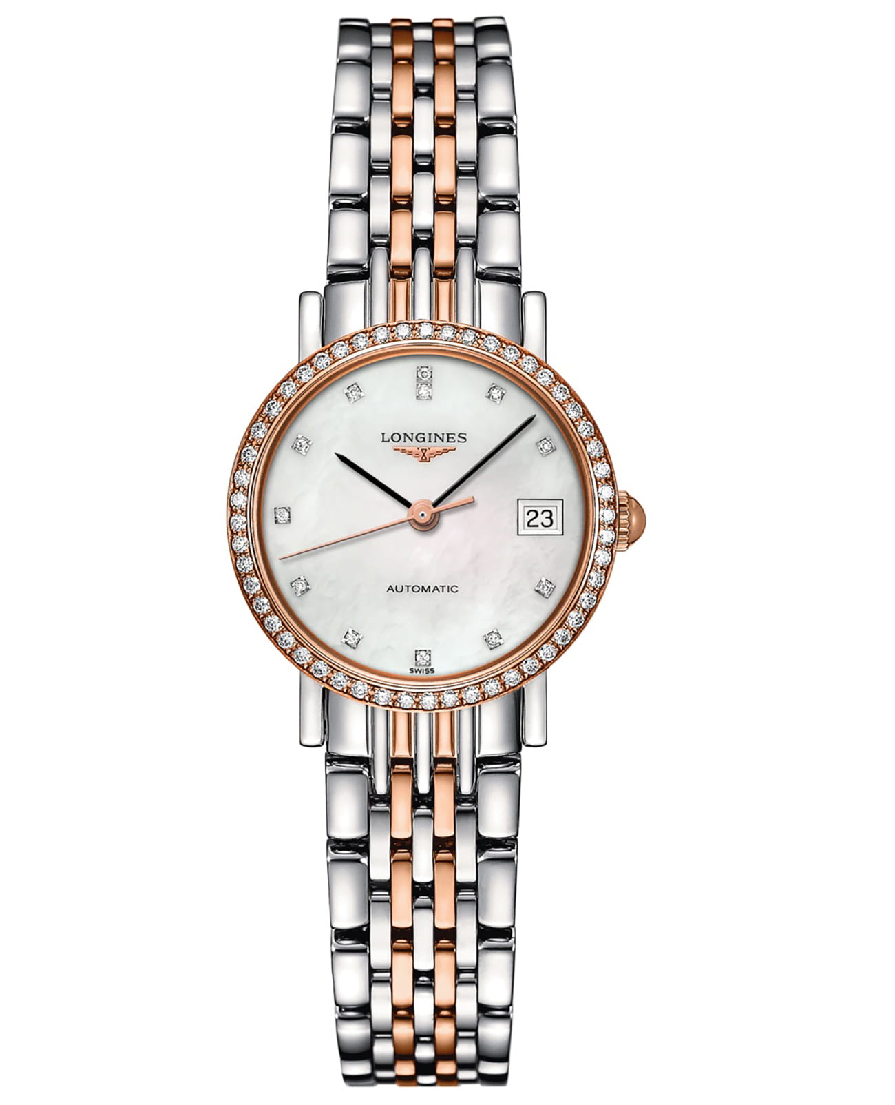 Longines Longines Elegant Collection L4.309.5.88.7  L43095887 механические женские часы перламутровый циферблат, браслет нержавеющая сталь + золото 18к — вид спереди