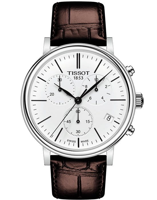 Tissot Tissot Carson Premium Chronograph T122.417.16.011.00 Carson T1224171601100 кварцевые мужские часы белый циферблат, браслет кожаный — вид спереди