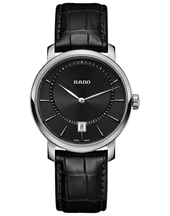 Rado Rado DiaMaster R14078155  R14078155 кварцевые мужские часы черный циферблат, браслет кожаный — вид спереди