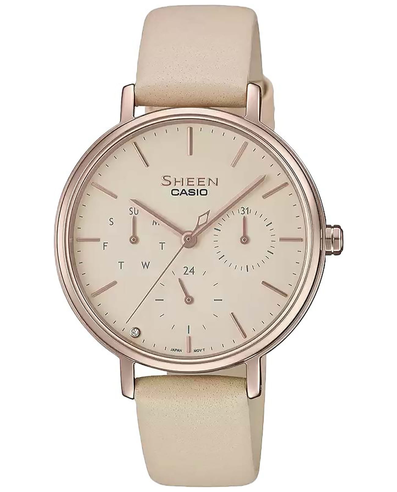 Casio Casio Sheen SHE-4541CGL-4AUDF  SHE-4541CGL-4A кварцевые женские часы бежевый циферблат, браслет кожаный — вид спереди