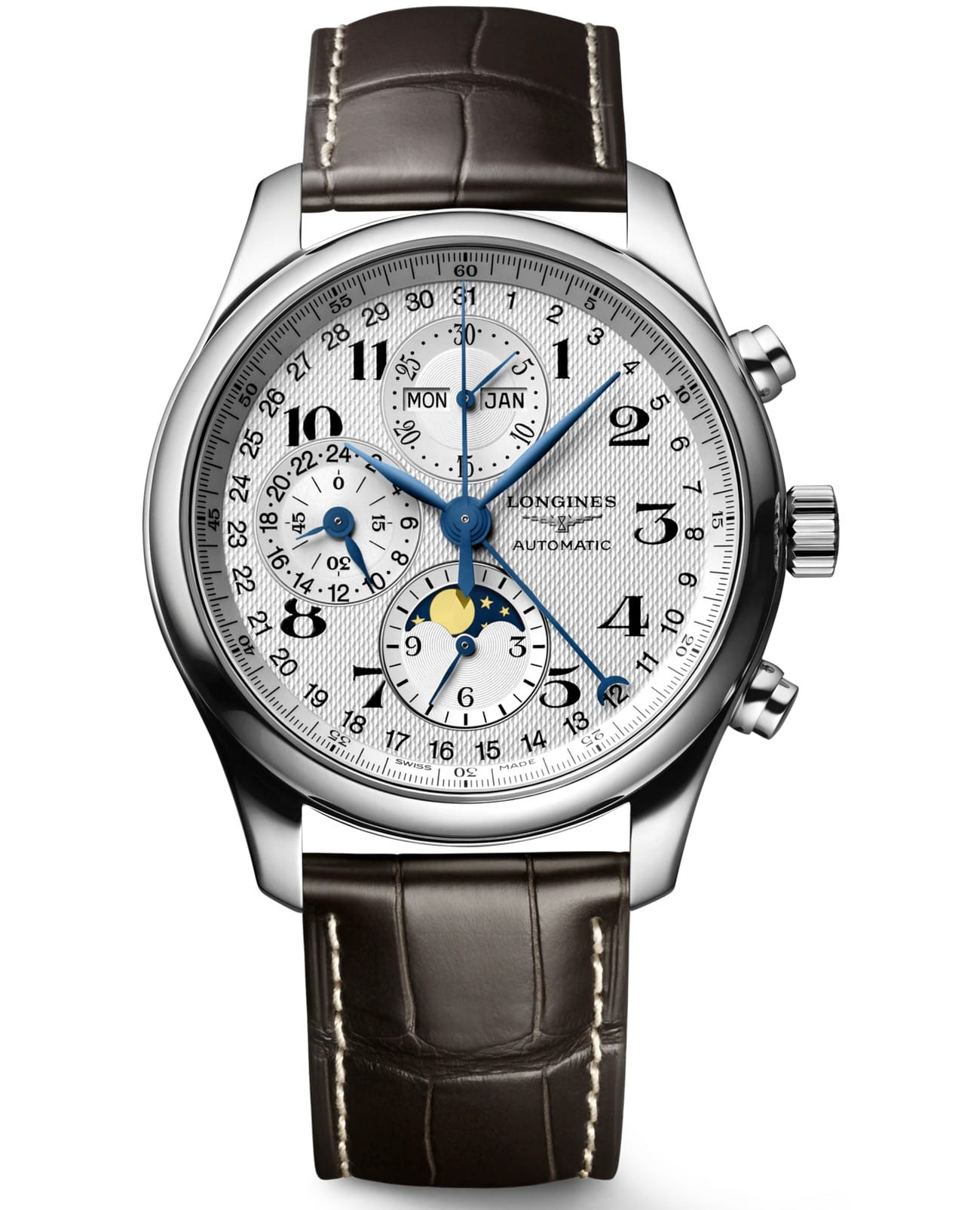 Longines Longines Master Collection L2.773.4.78.5  L27734785 механические мужские часы белый циферблат, браслет кожаный — вид спереди