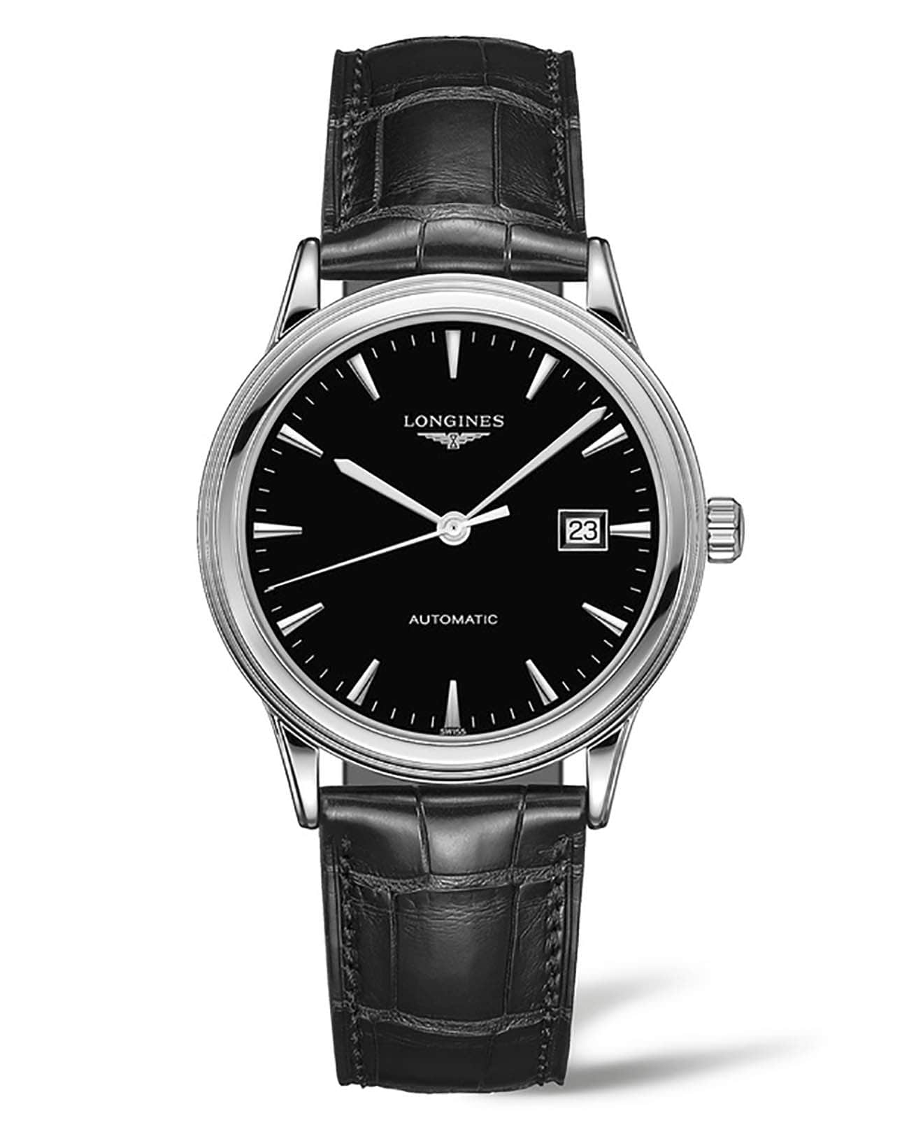 Longines Longines Flagship L4.984.4.52.2  L49844522 механические мужские часы черный циферблат, браслет кожаный — вид спереди