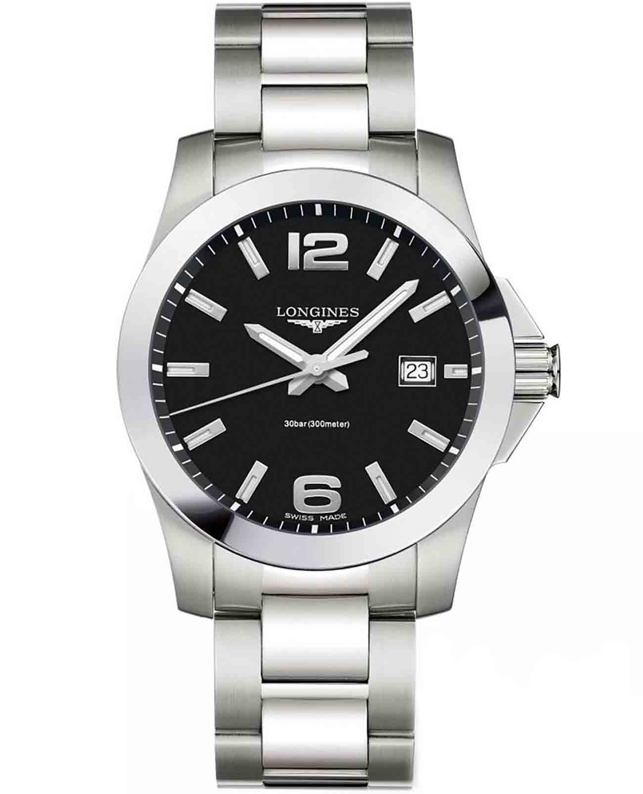 Longines Longines Conquest L3.759.4.58.6  L37594586 кварцевые мужские часы черный циферблат, браслет нержавеющая сталь — вид спереди