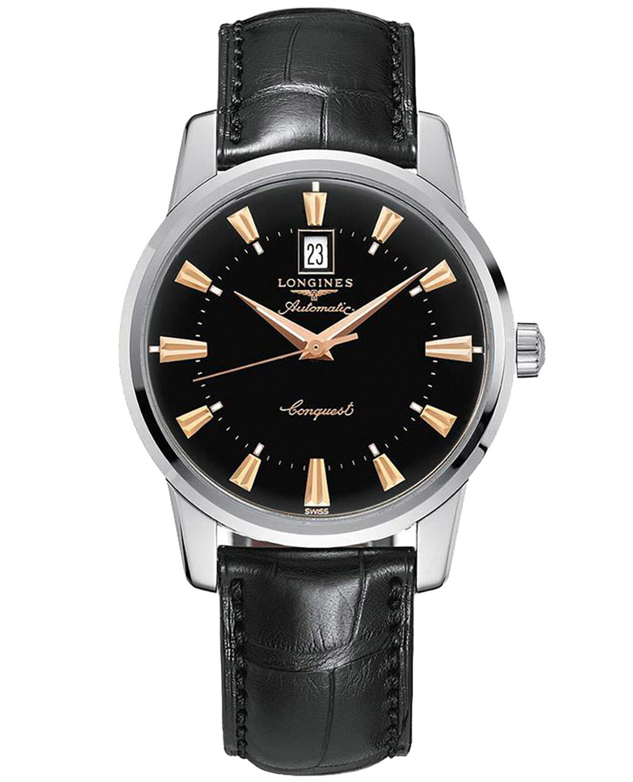 Longines Longines Heritage L1.645.4.52.4  L16454524 механические мужские часы черный циферблат, браслет кожаный — вид спереди