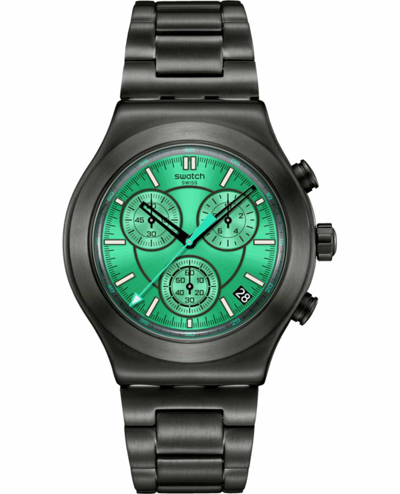 Swatch Swatch I New Chrono YVM407G  YVM407G кварцевые женские часы зеленый циферблат, браслет нержавеющая сталь с pvd-покрытием — вид спереди