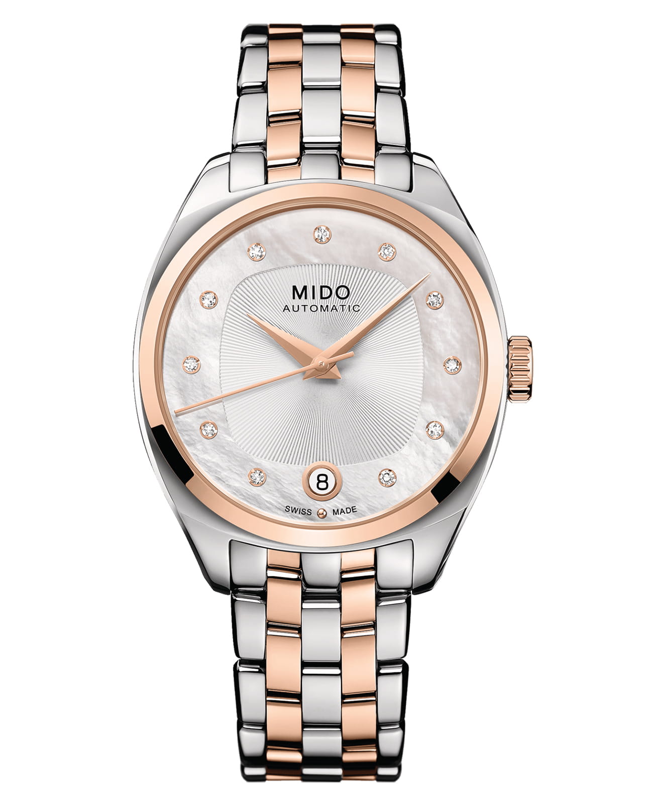 Mido Mido Belluna Royal Lady M024.307.22.116.00  M0243072211600 механические женские часы перламутровый циферблат, браслет нержавеющая сталь — вид спереди