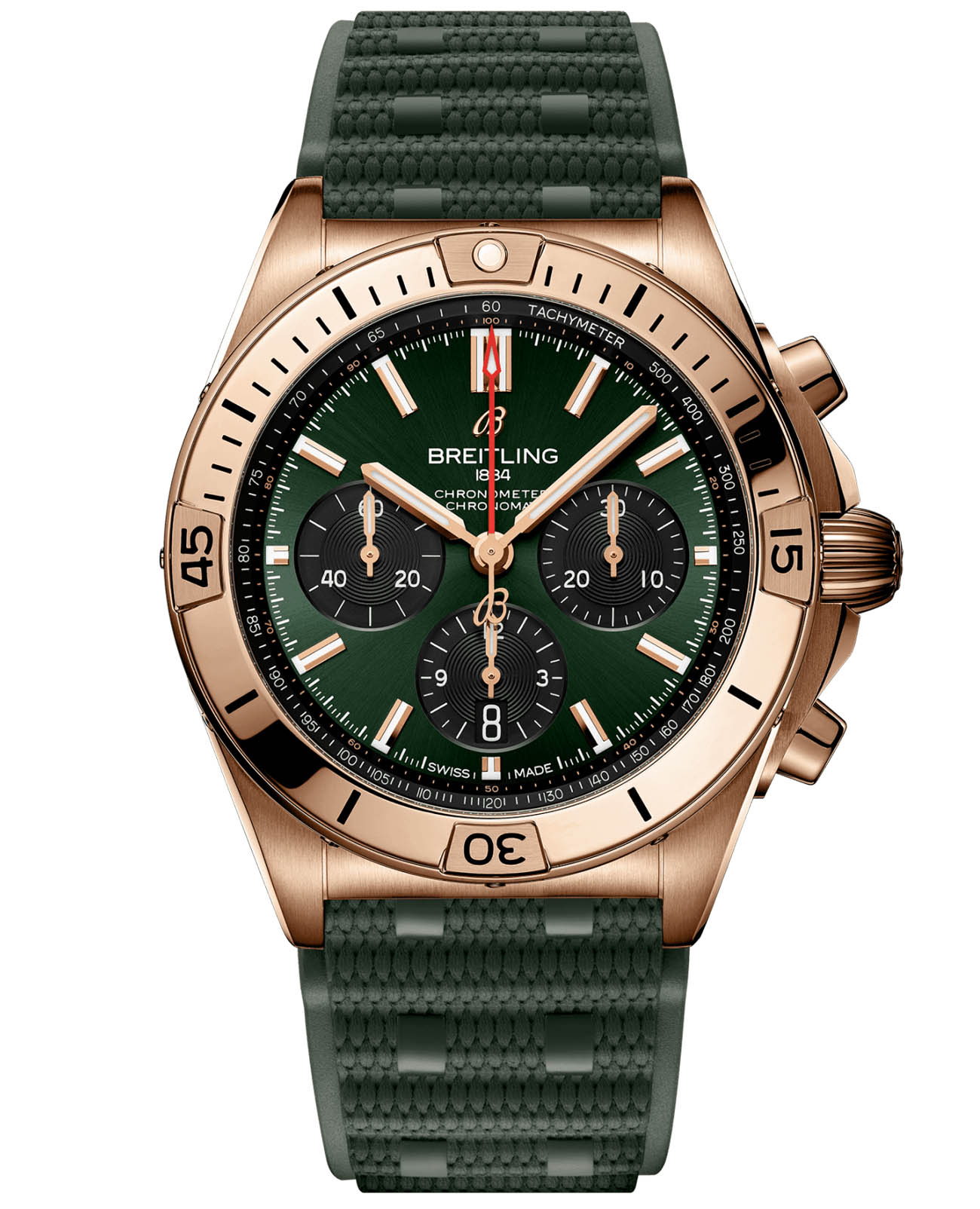 Breitling Breitling Chronomat B01 42 RB0134101L1S1  RB0134101L1S1 механические мужские часы зеленый циферблат, браслет каучук — вид спереди