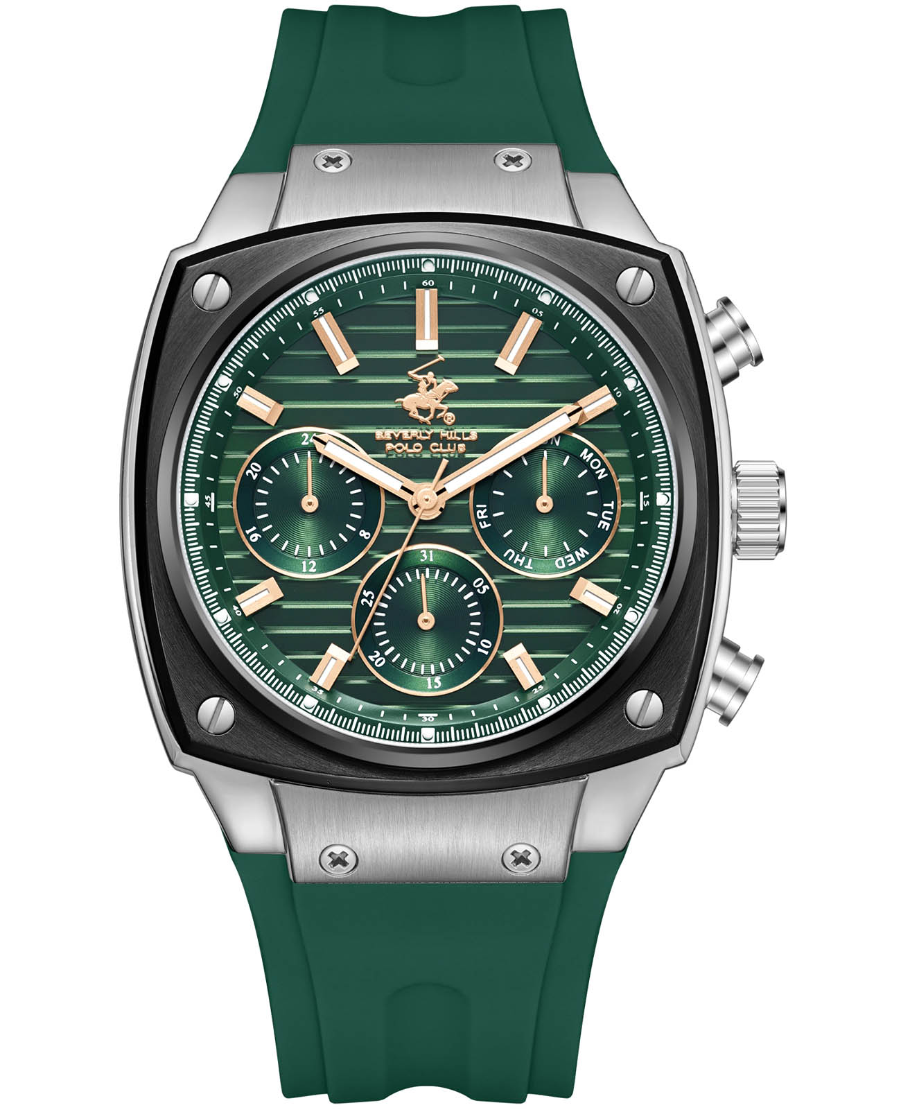 Beverly Hills Polo Club Beverly Hills Polo Club BP3778X.377  BP3778X.377 кварцевые мужские часы зеленый циферблат, браслет каучук — вид спереди