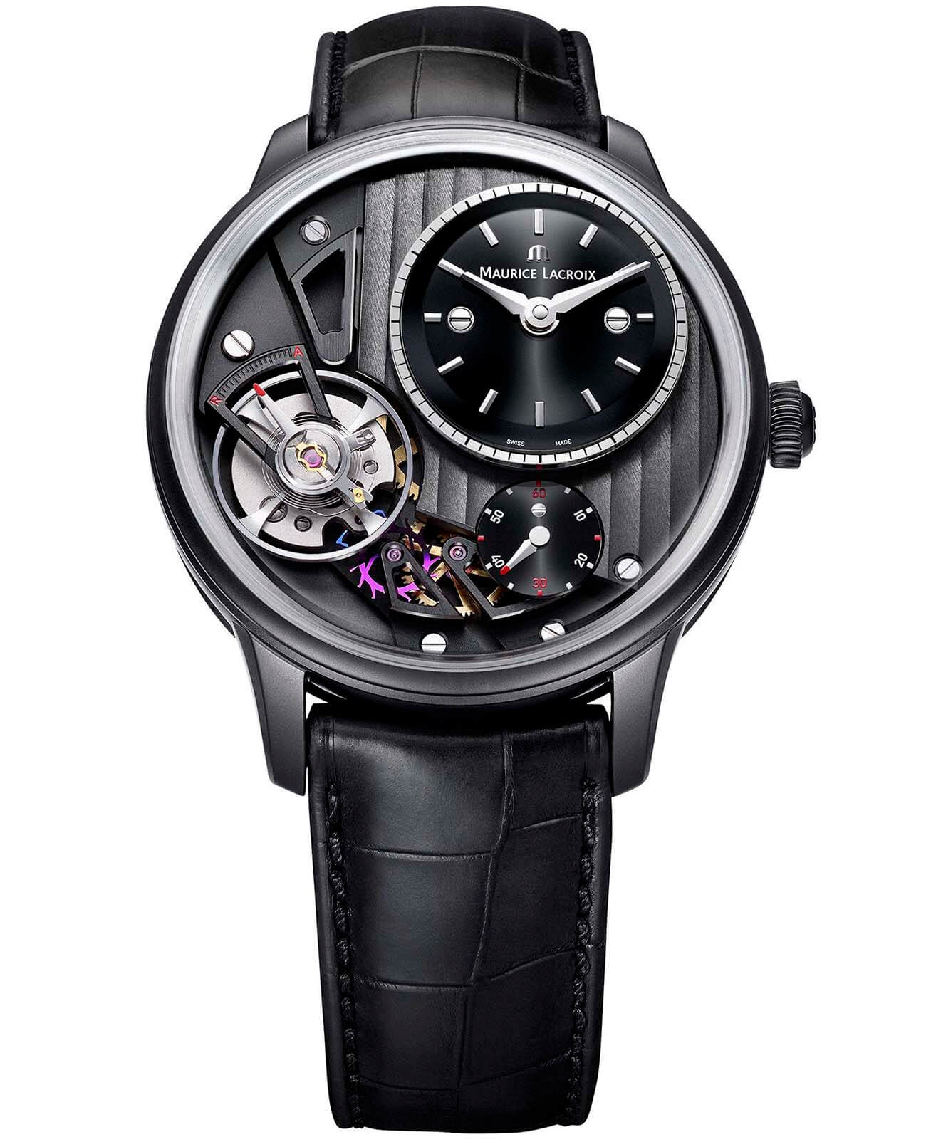 Maurice Lacroix Maurice Lacroix Masterpiece Gravity MP6118-PVB01-330-1  MP6118-PVB01-330-1 механические мужские часы черный циферблат, браслет кожаный — вид спереди