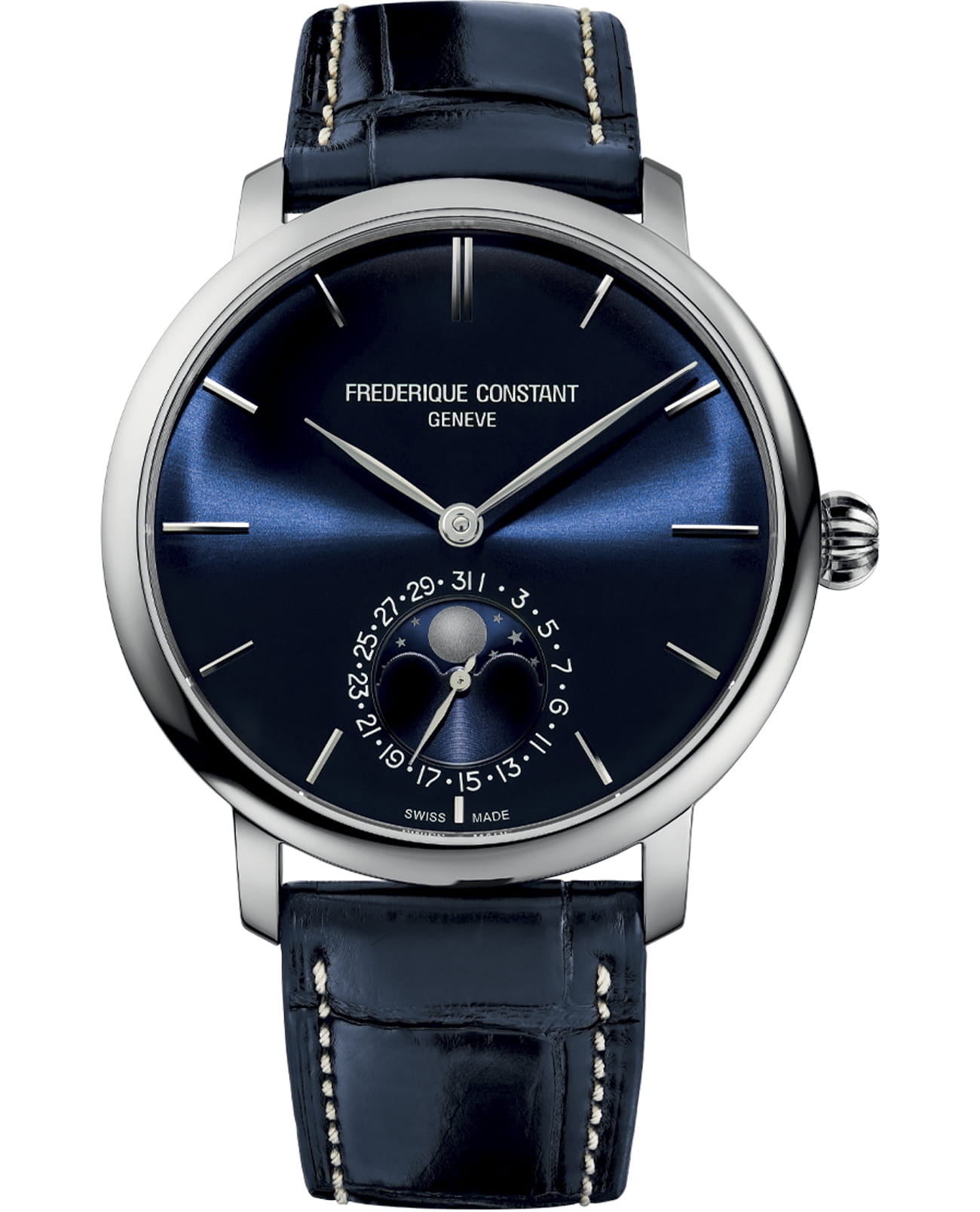 Frederique Constant Frederique Constant Slimline Moonphase Manufacture FC-705N4S6  FC-705N4S6 механические мужские часы синий циферблат, браслет кожаный — вид спереди