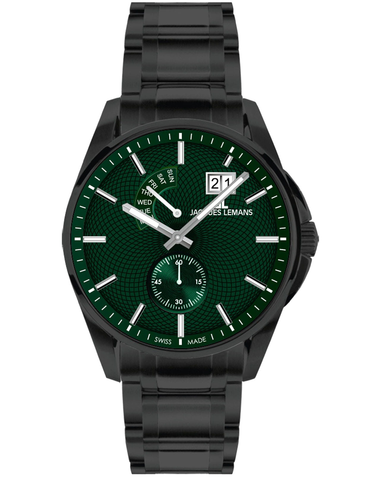 Jacques Lemans Jacques Lemans Derby 1-2199U  1-2199U кварцевые мужские часы зеленый циферблат, браслет нержавеющая сталь с pvd-покрытием — вид спереди