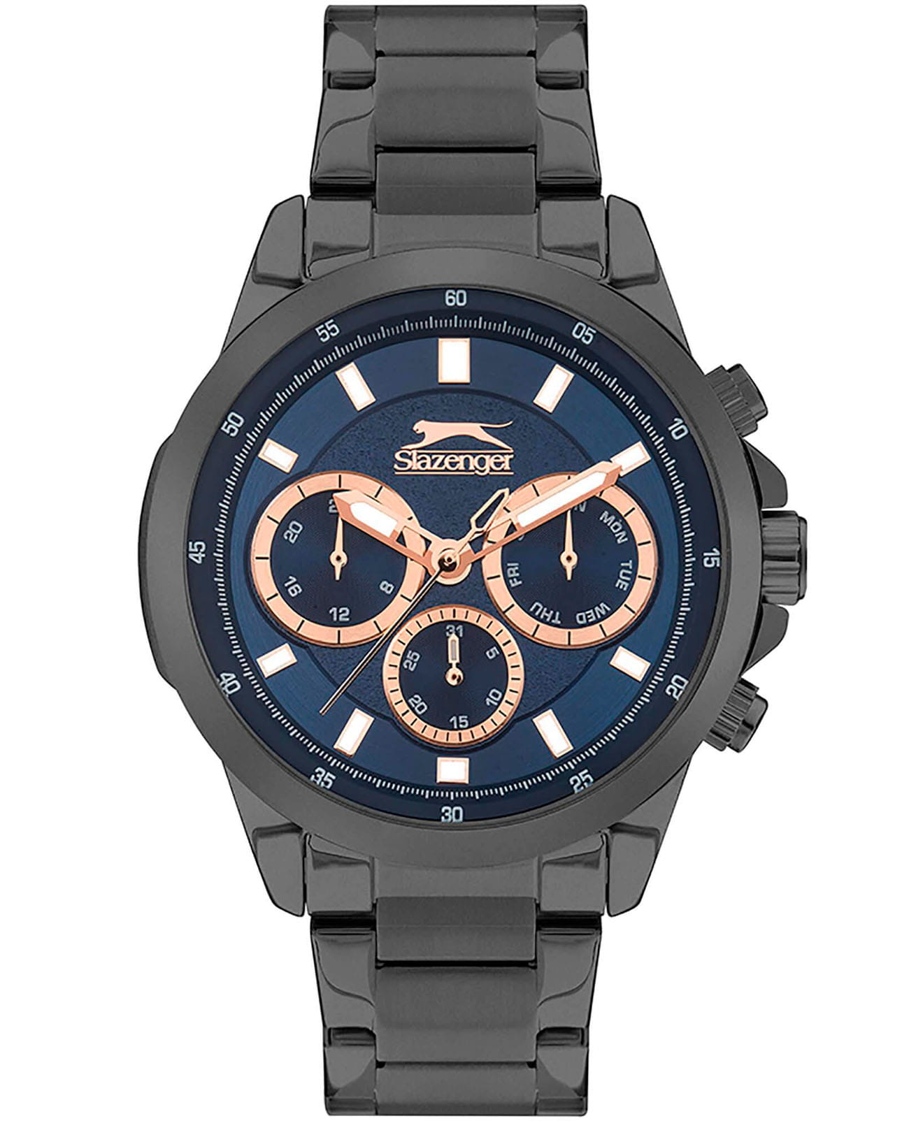 Slazenger Slazenger Multifunction SL.09.2011.2.03  SL.09.2011.2.03 кварцевые мужские часы синий циферблат, браслет суперметалл с ip покрытием — вид спереди
