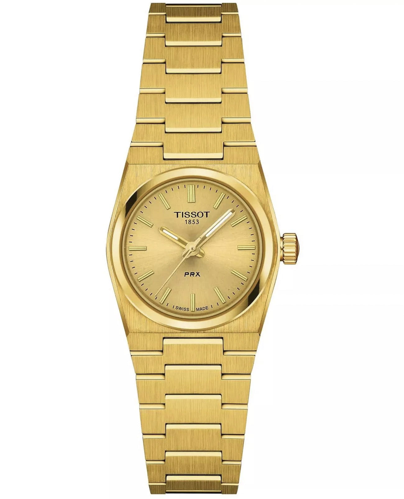 Tissot Tissot PRX 25 mm T137.010.33.021.00  T1370103302100 кварцевые женские часы золотой циферблат, браслет нержавеющая сталь с pvd-покрытием — вид спереди
