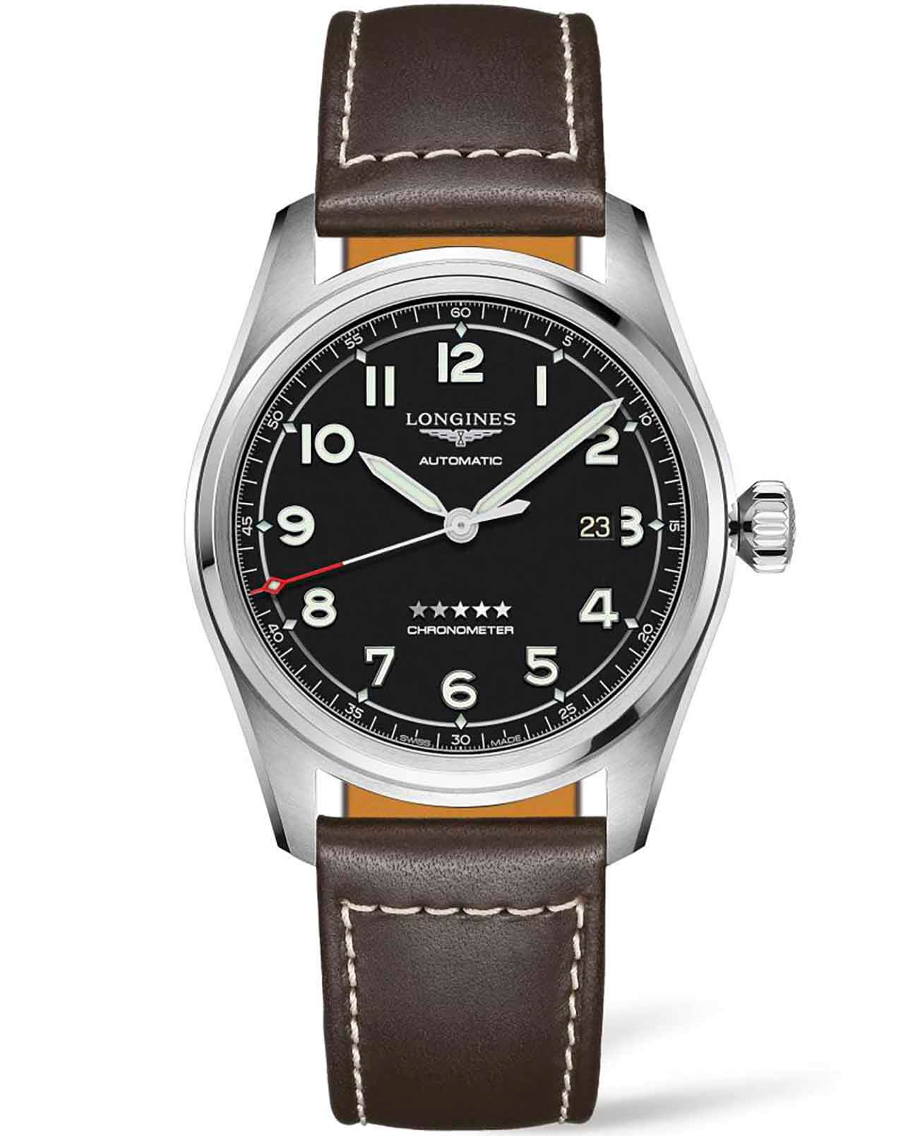 Longines Longines Spirit L3.811.4.53.0  L38114530 механические мужские часы черный циферблат, браслет кожаный — вид спереди