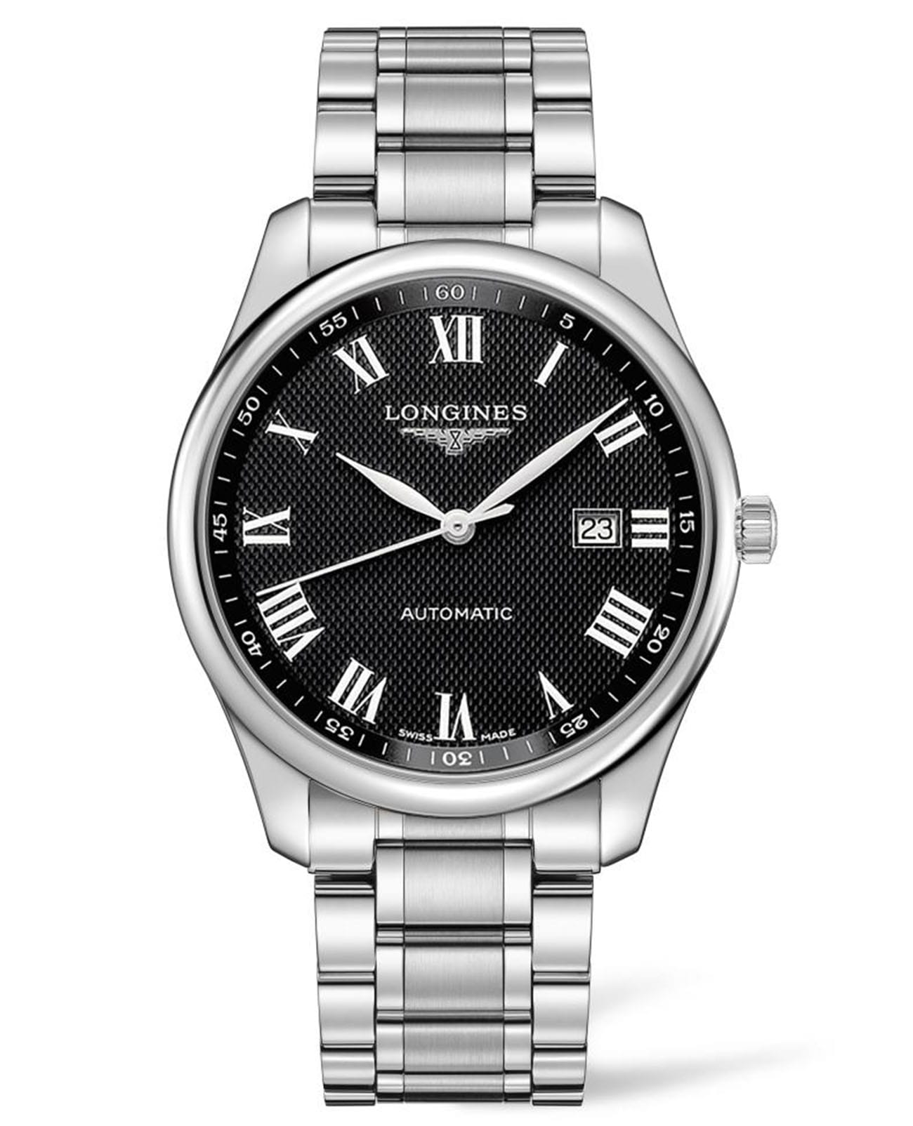 Longines Longines Master Collection L2.893.4.51.6  L28934516 механические мужские часы черный циферблат, браслет нержавеющая сталь — вид спереди