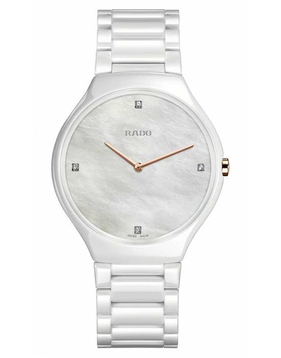 Rado Rado True Thinline R27957909  R27957909 кварцевые женские часы перламутровый циферблат, браслет высокотехнологичная керамика + титан — вид спереди
