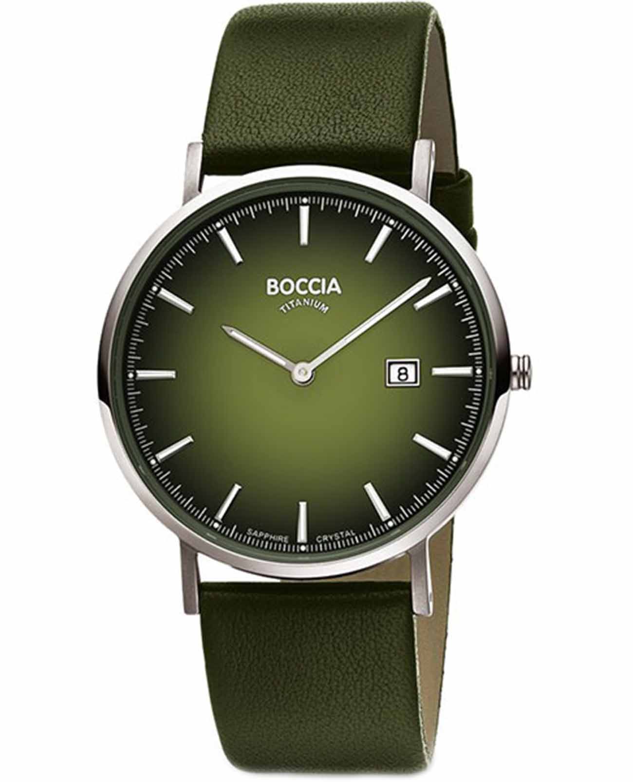 Boccia Titanium Boccia Titanium 3648-03  3648-03 кварцевые мужские часы зеленый циферблат, браслет кожаный — вид спереди
