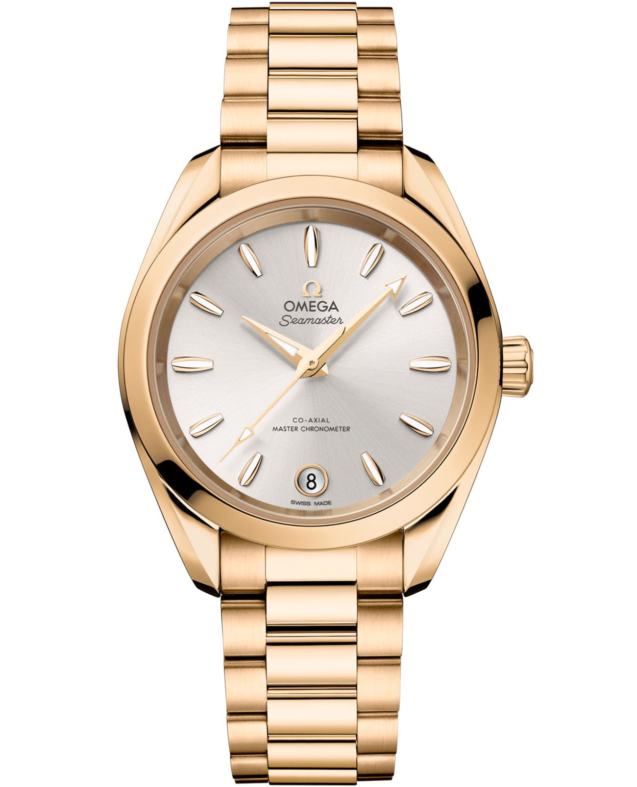 Omega Omega Seamaster Aqua Terra 220.50.34.20.02.001 Aqua Terra 22050342002001 механические женские часы серебристый циферблат, браслет 18-каратное желтое золото — вид спереди