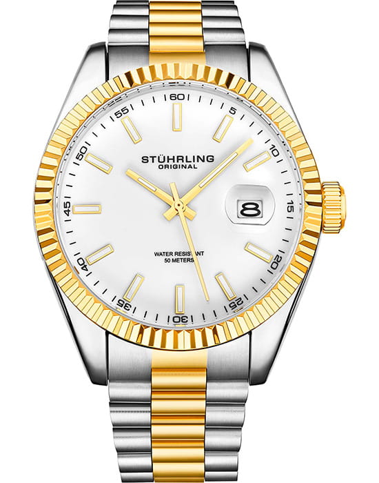 Stuhrling Stuhrling Symphony 3935.6  3935.6 кварцевые мужские часы белый циферблат, браслет нержавеющая сталь с pvd-покрытием — вид спереди