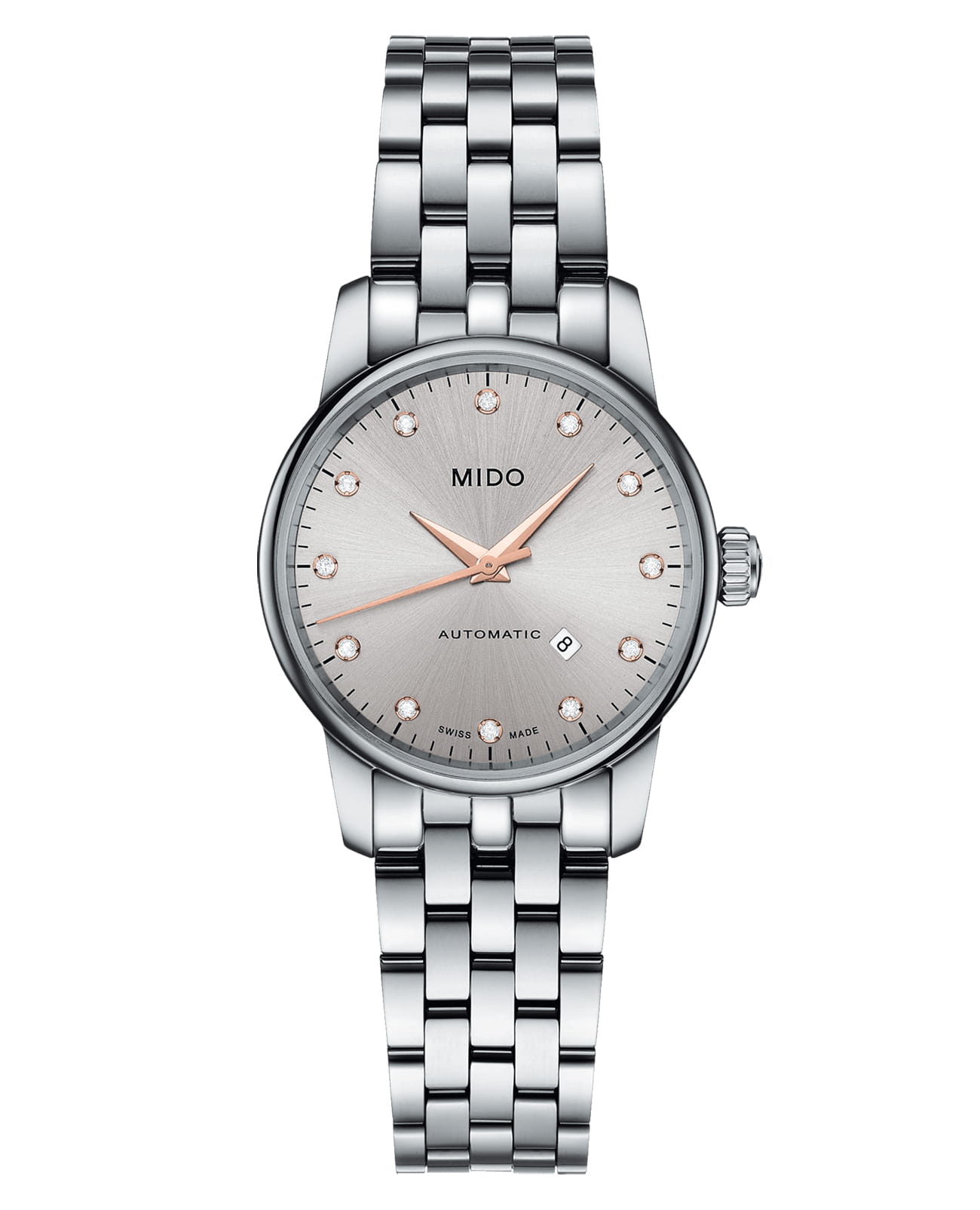 Mido Mido Baroncelli M7600.4.67.1  M76004671 механические женские часы серебристый циферблат, браслет нержавеющая сталь — вид спереди