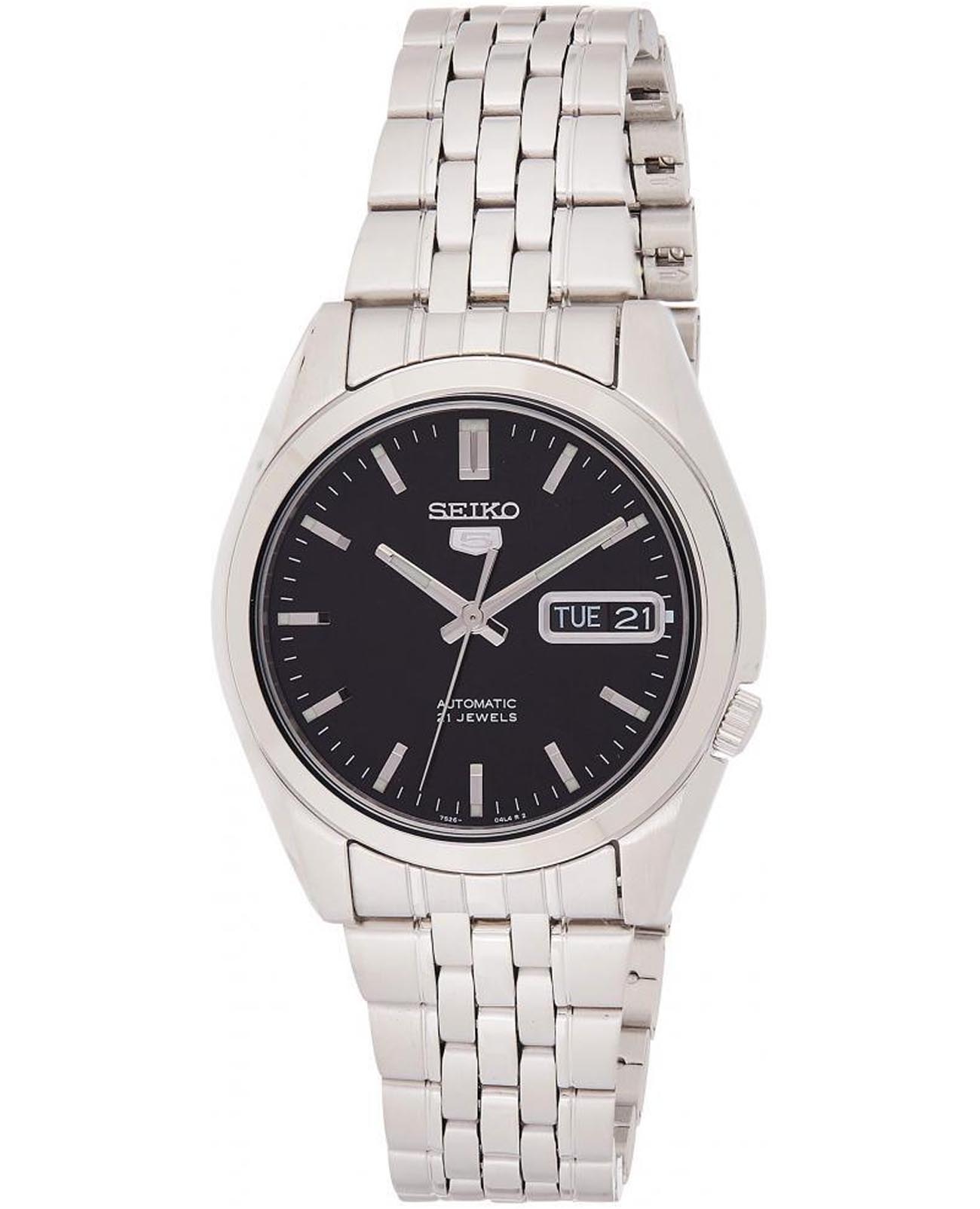 Seiko Seiko 5 Regular SNK361K1  SNK361K1 механические мужские часы черный циферблат, браслет нержавеющая сталь — вид спереди